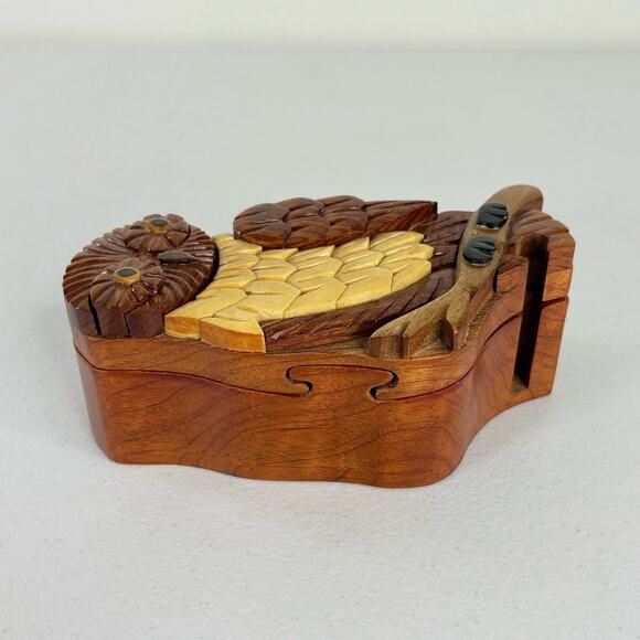 Vintage Owl Secret Wooden Puzzle Box 6" Velvet Lined Gift Key Ring Jewelry - Picture 8 of 11